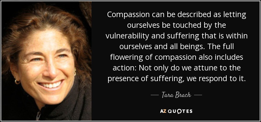 Compassion can be described as letting ourselves be touched by the vulnerability and suffering that is within ourselves and all beings. The full flowering of compassion also includes action: Not only do we attune to the presence of suffering, we respond to it. - Tara Brach