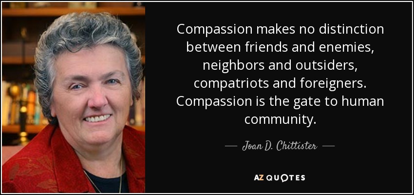 Compassion makes no distinction between friends and enemies, neighbors and outsiders, compatriots and foreigners. Compassion is the gate to human community. - Joan D. Chittister