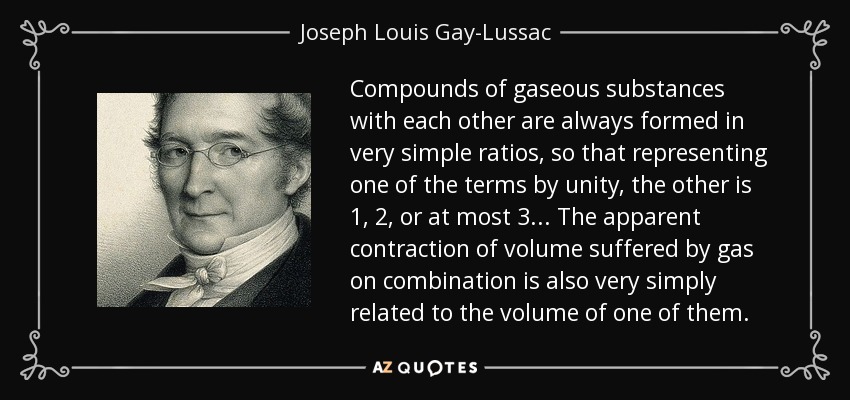 Compounds of gaseous substances with each other are always formed in very simple ratios, so that representing one of the terms by unity, the other is 1, 2, or at most 3 ... The apparent contraction of volume suffered by gas on combination is also very simply related to the volume of one of them. - Joseph Louis Gay-Lussac
