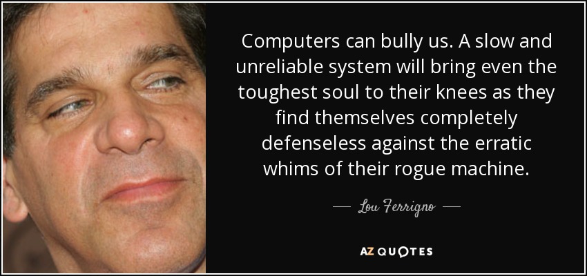 Computers can bully us. A slow and unreliable system will bring even the toughest soul to their knees as they find themselves completely defenseless against the erratic whims of their rogue machine. - Lou Ferrigno
