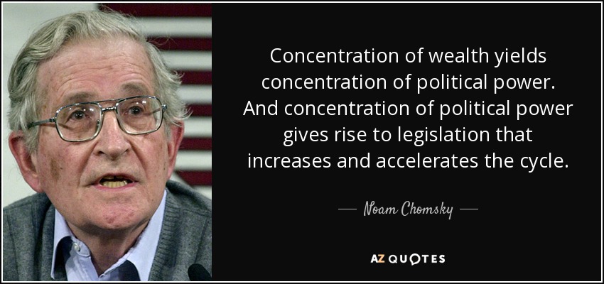 Concentration of wealth yields concentration of political power. And concentration of political power gives rise to legislation that increases and accelerates the cycle. - Noam Chomsky