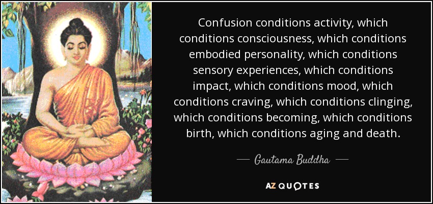 Confusion conditions activity, which conditions consciousness, which conditions embodied personality, which conditions sensory experiences, which conditions impact, which conditions mood, which conditions craving, which conditions clinging, which conditions becoming, which conditions birth, which conditions aging and death. - Gautama Buddha