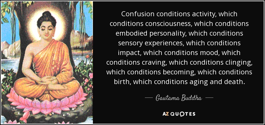 Confusion conditions activity, which conditions consciousness, which conditions embodied personality, which conditions sensory experiences, which conditions impact, which conditions mood, which conditions craving, which conditions clinging, which conditions becoming, which conditions birth, which conditions aging and death. - Gautama Buddha