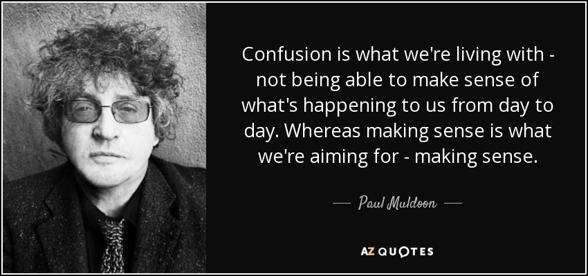 Confusion is what we're living with - not being able to make sense of what's happening to us from day to day. Whereas making sense is what we're aiming for - making sense. - Paul Muldoon