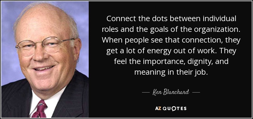 Connect the dots between individual roles and the goals of the organization. When people see that connection, they get a lot of energy out of work. They feel the importance, dignity, and meaning in their job. - Ken Blanchard