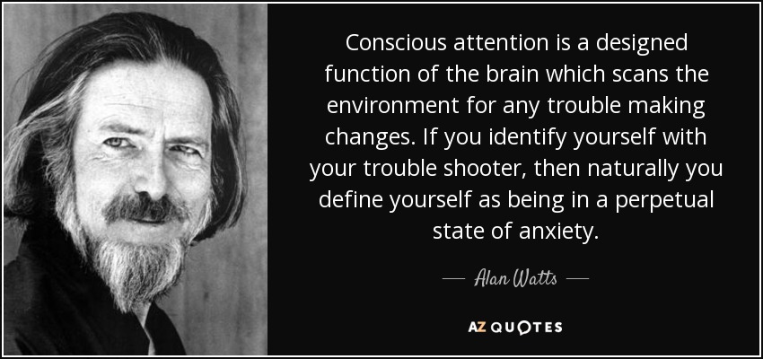 Conscious attention is a designed function of the brain which scans the environment for any trouble making changes. If you identify yourself with your trouble shooter, then naturally you define yourself as being in a perpetual state of anxiety. - Alan Watts