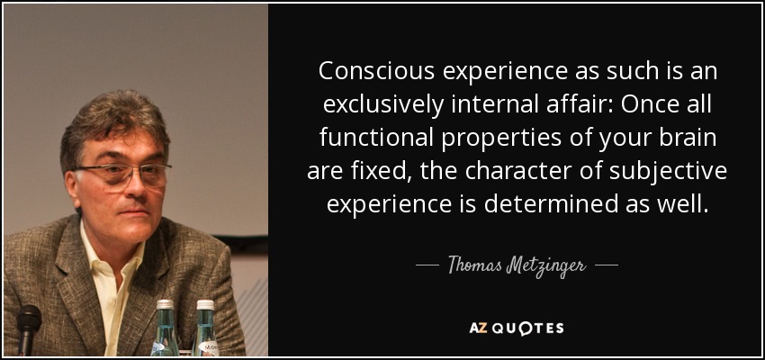 Conscious experience as such is an exclusively internal affair: Once all functional properties of your brain are fixed, the character of subjective experience is determined as well. - Thomas Metzinger