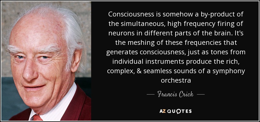 Consciousness is somehow a by-product of the simultaneous, high frequency firing of neurons in different parts of the brain. It's the meshing of these frequencies that generates consciousness, just as tones from individual instruments produce the rich, complex, & seamless sounds of a symphony orchestra - Francis Crick