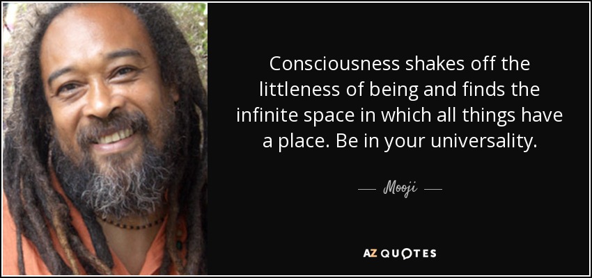 Consciousness shakes off the littleness of being and finds the infinite space in which all things have a place. Be in your universality. - Mooji