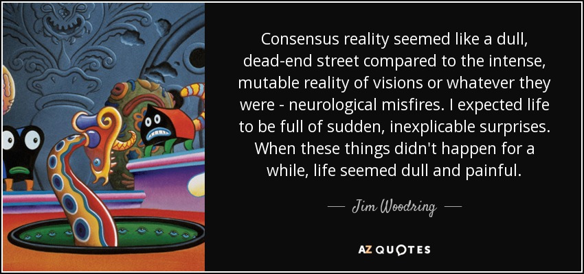 Consensus reality seemed like a dull, dead-end street compared to the intense, mutable reality of visions or whatever they were - neurological misfires. I expected life to be full of sudden, inexplicable surprises. When these things didn't happen for a while, life seemed dull and painful. - Jim Woodring