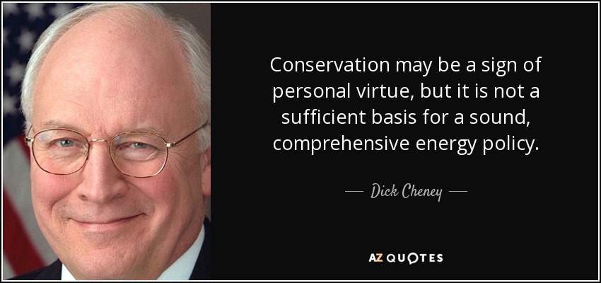 Conservation may be a sign of personal virtue, but it is not a sufficient basis for a sound, comprehensive energy policy. - Dick Cheney