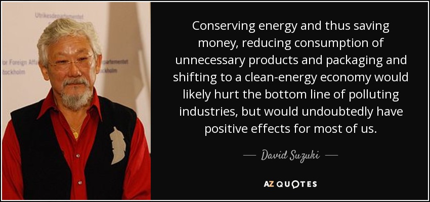 Conserving energy and thus saving money, reducing consumption of unnecessary products and packaging and shifting to a clean-energy economy would likely hurt the bottom line of polluting industries, but would undoubtedly have positive effects for most of us. - David Suzuki