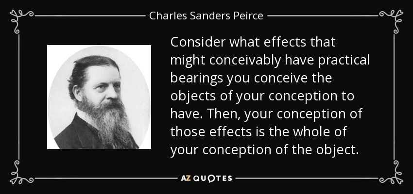 Consider what effects that might conceivably have practical bearings you conceive the objects of your conception to have. Then, your conception of those effects is the whole of your conception of the object. - Charles Sanders Peirce