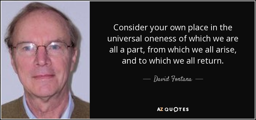Consider your own place in the universal oneness of which we are all a part, from which we all arise, and to which we all return. - David Fontana