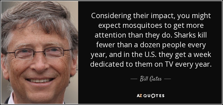Considering their impact, you might expect mosquitoes to get more attention than they do. Sharks kill fewer than a dozen people every year, and in the U.S. they get a week dedicated to them on TV every year. - Bill Gates