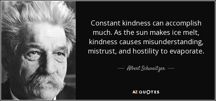 Constant kindness can accomplish much. As the sun makes ice melt, kindness causes misunderstanding, mistrust, and hostility to evaporate. - Albert Schweitzer