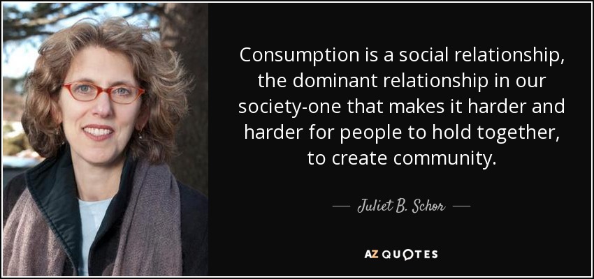 Consumption is a social relationship, the dominant relationship in our society-one that makes it harder and harder for people to hold together, to create community. - Juliet B. Schor