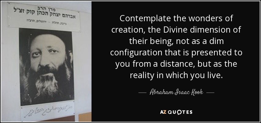 Contemplate the wonders of creation, the Divine dimension of their being, not as a dim configuration that is presented to you from a distance, but as the reality in which you live. - Abraham Isaac Kook