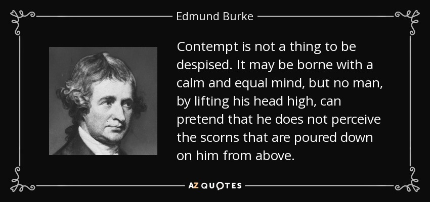 Contempt is not a thing to be despised. It may be borne with a calm and equal mind, but no man, by lifting his head high, can pretend that he does not perceive the scorns that are poured down on him from above. - Edmund Burke