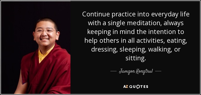 Continue practice into everyday life with a single meditation, always keeping in mind the intention to help others in all activities, eating, dressing, sleeping, walking, or sitting. - Jamgon Kongtrul