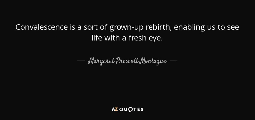 Convalescence is a sort of grown-up rebirth, enabling us to see life with a fresh eye. - Margaret Prescott Montague