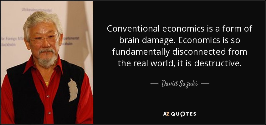 Conventional economics is a form of brain damage. Economics is so fundamentally disconnected from the real world, it is destructive. - David Suzuki