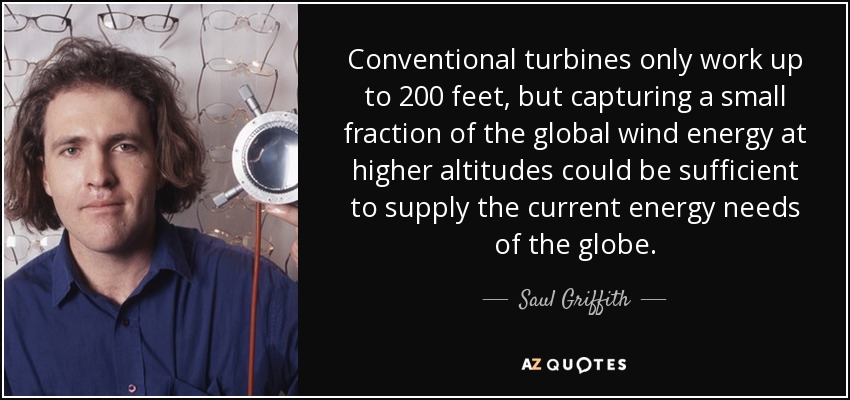 Conventional turbines only work up to 200 feet, but capturing a small fraction of the global wind energy at higher altitudes could be sufficient to supply the current energy needs of the globe. - Saul Griffith