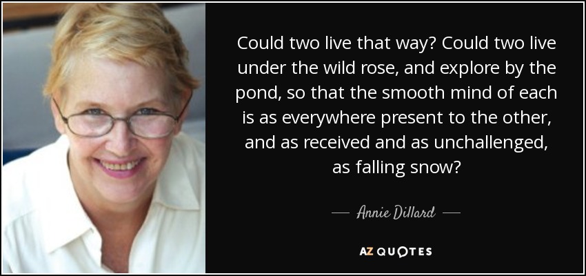 Could two live that way? Could two live under the wild rose, and explore by the pond, so that the smooth mind of each is as everywhere present to the other, and as received and as unchallenged, as falling snow? - Annie Dillard