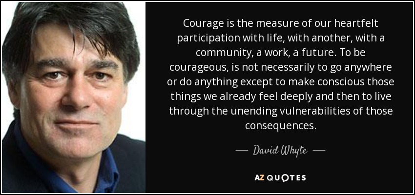 Courage is the measure of our heartfelt participation with life, with another, with a community, a work, a future. To be courageous, is not necessarily to go anywhere or do anything except to make conscious those things we already feel deeply and then to live through the unending vulnerabilities of those consequences. - David Whyte