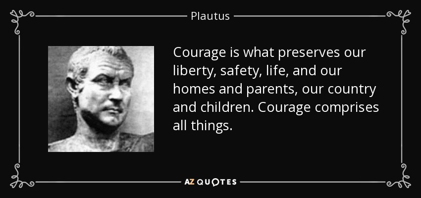 Courage is what preserves our liberty, safety, life, and our homes and parents, our country and children. Courage comprises all things. - Plautus