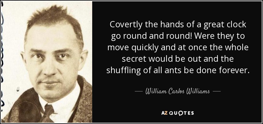 Covertly the hands of a great clock go round and round! Were they to move quickly and at once the whole secret would be out and the shuffling of all ants be done forever. - William Carlos Williams