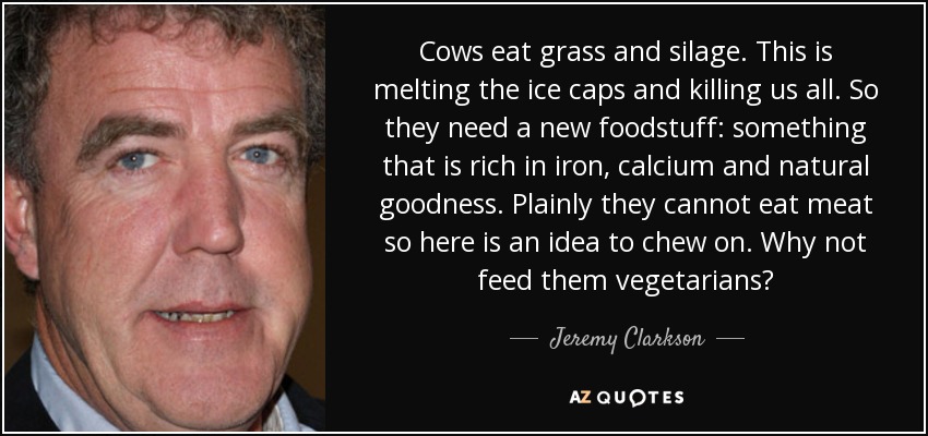Cows eat grass and silage. This is melting the ice caps and killing us all. So they need a new foodstuff: something that is rich in iron, calcium and natural goodness. Plainly they cannot eat meat so here is an idea to chew on. Why not feed them vegetarians? - Jeremy Clarkson