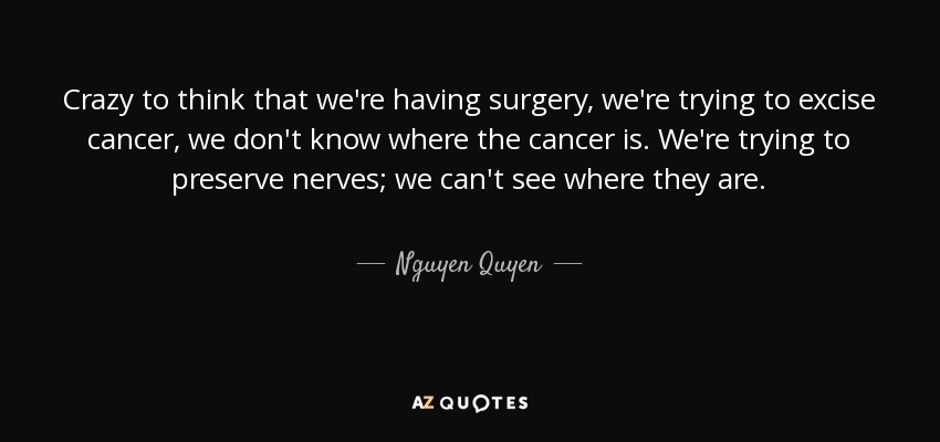 Crazy to think that we're having surgery, we're trying to excise cancer, we don't know where the cancer is. We're trying to preserve nerves; we can't see where they are. - Nguyen Quyen