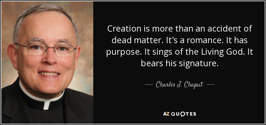 Creation is more than an accident of dead matter. It's a romance. It has purpose. It sings of the Living God. It bears his signature. - Charles J. Chaput