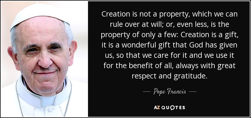 Creation is not a property, which we can rule over at will; or, even less, is the property of only a few: Creation is a gift, it is a wonderful gift that God has given us, so that we care for it and we use it for the benefit of all, always with great respect and gratitude. - Pope Francis
