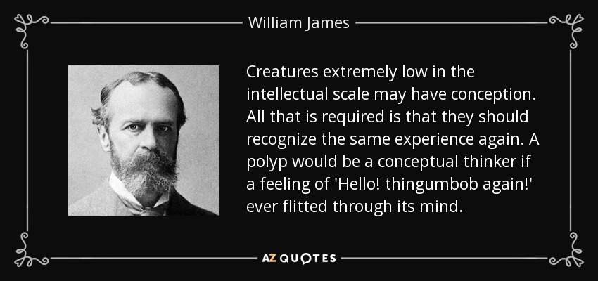Creatures extremely low in the intellectual scale may have conception. All that is required is that they should recognize the same experience again. A polyp would be a conceptual thinker if a feeling of 'Hello! thingumbob again!' ever flitted through its mind. - William James