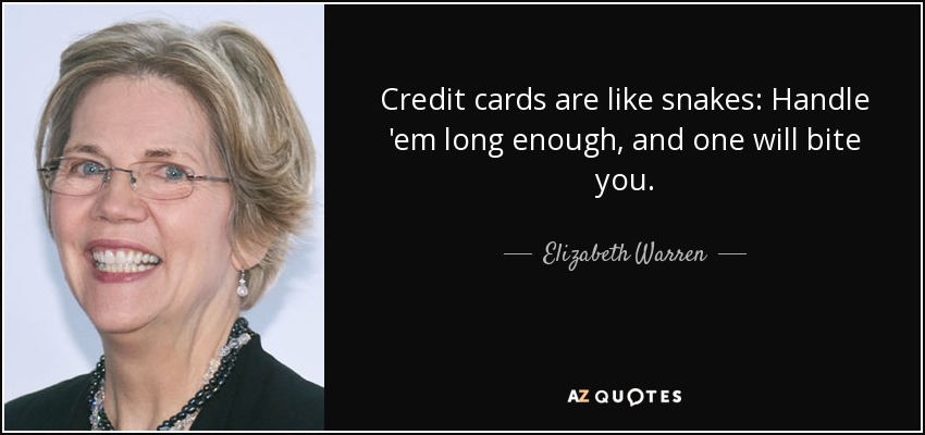 Credit cards are like snakes: Handle 'em long enough, and one will bite you. - Elizabeth Warren