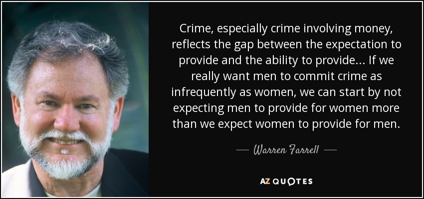 Crime, especially crime involving money, reflects the gap between the expectation to provide and the ability to provide... If we really want men to commit crime as infrequently as women, we can start by not expecting men to provide for women more than we expect women to provide for men. - Warren Farrell