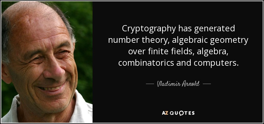Cryptography has generated number theory, algebraic geometry over finite fields, algebra, combinatorics and computers. - Vladimir Arnold