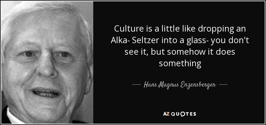 Culture is a little like dropping an Alka- Seltzer into a glass- you don't see it, but somehow it does something - Hans Magnus Enzensberger