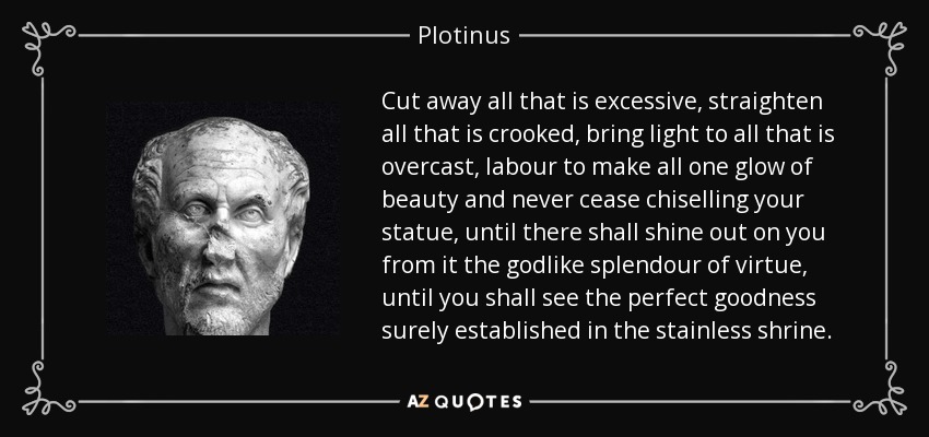 Cut away all that is excessive, straighten all that is crooked, bring light to all that is overcast, labour to make all one glow of beauty and never cease chiselling your statue, until there shall shine out on you from it the godlike splendour of virtue, until you shall see the perfect goodness surely established in the stainless shrine. - Plotinus