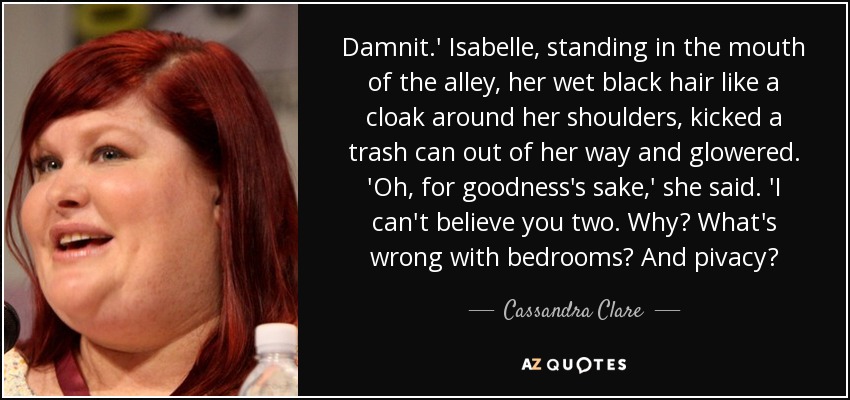 Damnit.' Isabelle, standing in the mouth of the alley, her wet black hair like a cloak around her shoulders, kicked a trash can out of her way and glowered. 'Oh, for goodness's sake,' she said. 'I can't believe you two. Why? What's wrong with bedrooms? And pivacy? - Cassandra Clare