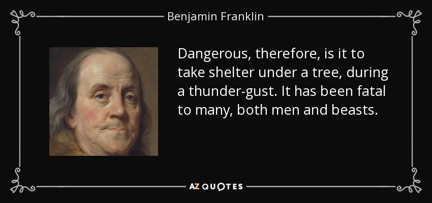 Dangerous, therefore, is it to take shelter under a tree, during a thunder-gust. It has been fatal to many, both men and beasts. - Benjamin Franklin