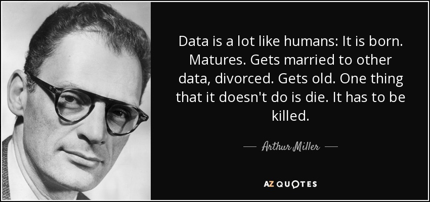 Data is a lot like humans: It is born. Matures. Gets married to other data, divorced. Gets old. One thing that it doesn't do is die. It has to be killed. - Arthur Miller