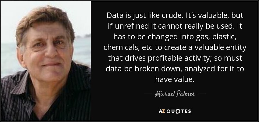 Data is just like crude. It’s valuable, but if unrefined it cannot really be used. It has to be changed into gas, plastic, chemicals, etc to create a valuable entity that drives profitable activity; so must data be broken down, analyzed for it to have value. - Michael Palmer