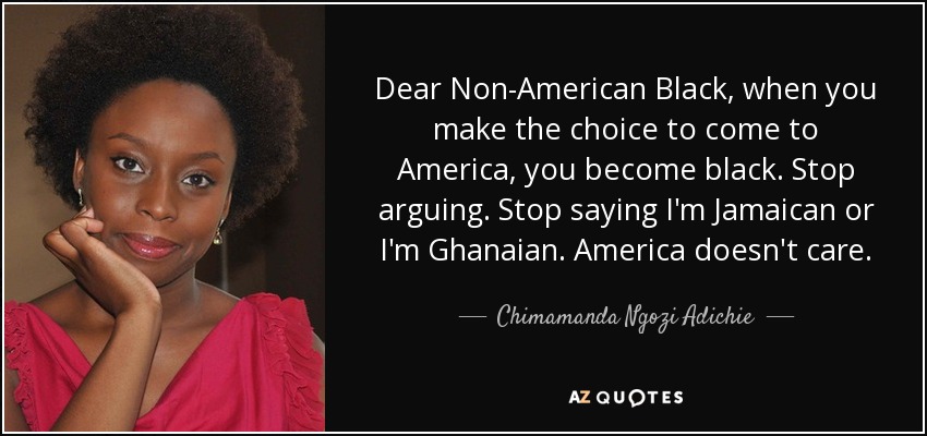 Dear Non-American Black, when you make the choice to come to America, you become black. Stop arguing. Stop saying I'm Jamaican or I'm Ghanaian. America doesn't care. - Chimamanda Ngozi Adichie