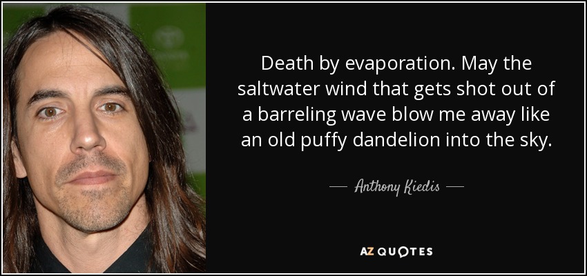 Death by evaporation. May the saltwater wind that gets shot out of a barreling wave blow me away like an old puffy dandelion into the sky. - Anthony Kiedis