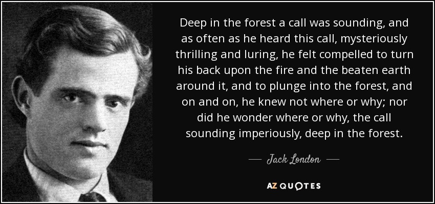 Deep in the forest a call was sounding, and as often as he heard this call, mysteriously thrilling and luring, he felt compelled to turn his back upon the fire and the beaten earth around it, and to plunge into the forest, and on and on, he knew not where or why; nor did he wonder where or why, the call sounding imperiously, deep in the forest. - Jack London