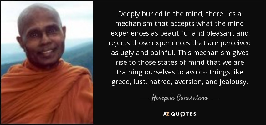 Deeply buried in the mind, there lies a mechanism that accepts what the mind experiences as beautiful and pleasant and rejects those experiences that are perceived as ugly and painful. This mechanism gives rise to those states of mind that we are training ourselves to avoid-- things like greed, lust, hatred, aversion, and jealousy. - Henepola Gunaratana