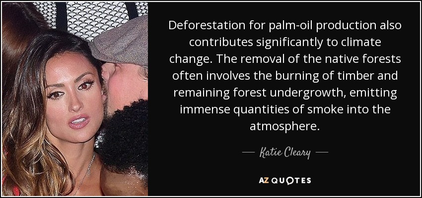 Deforestation for palm-oil production also contributes significantly to climate change. The removal of the native forests often involves the burning of timber and remaining forest undergrowth, emitting immense quantities of smoke into the atmosphere. - Katie Cleary